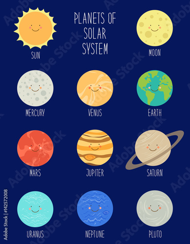 Cute smiling cartoon characters of planets of solar system. Childish background