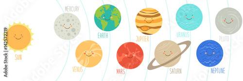 Cute smiling cartoon characters of planets of solar system. Childish background