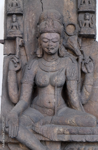 Seated Tara  from 10th century found in Khondalite Lalitagiri  Odisha now exposed in the Indian Museum in Kolkata  West Bengal  India 