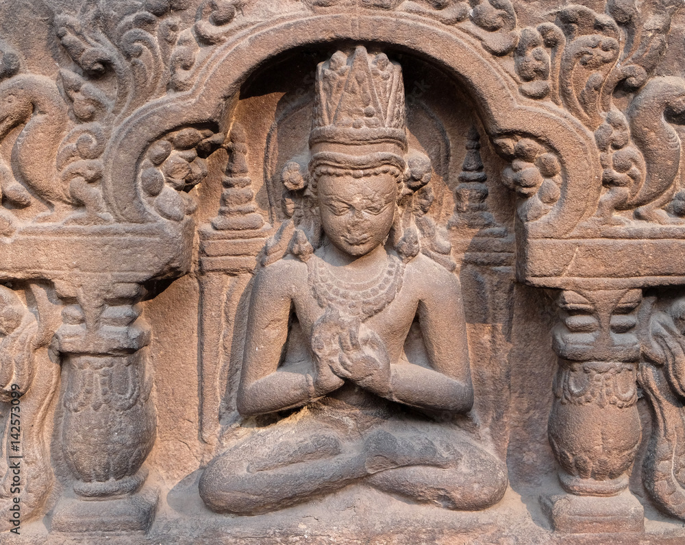 Crowned Buddha, from 9th century found in Uttar Pradesh now exposed in the Indian Museum in Kolkata, West Bengal, India on 