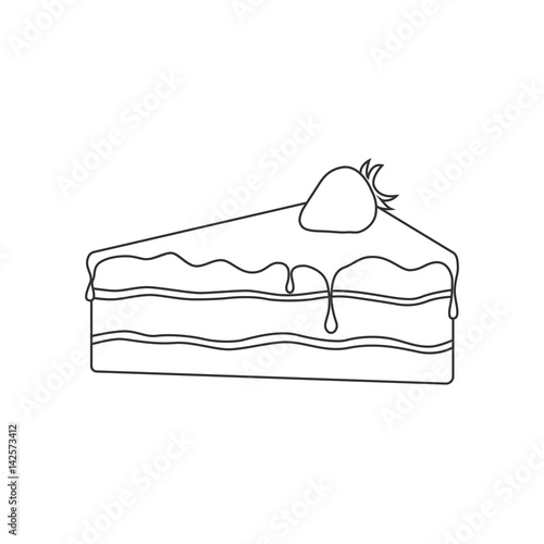 Canvas Print Isolated black outline pie of birthday sponge cake with chocolate and strawberry on white background