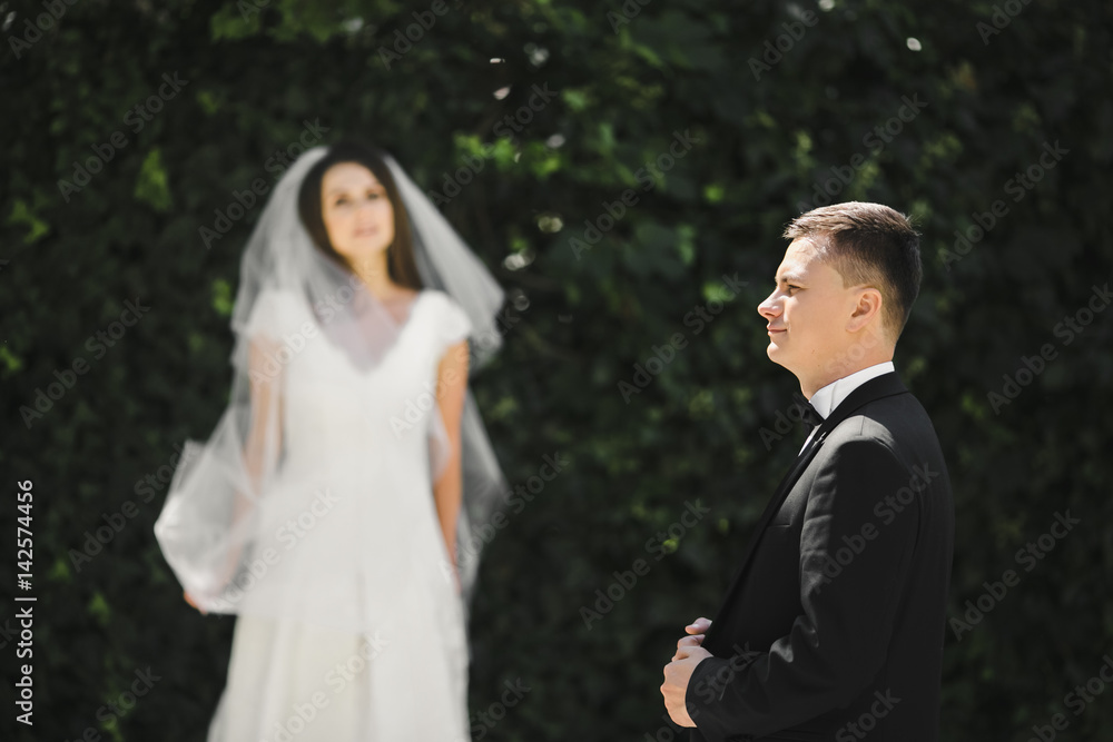 The lovely couple in love standing near bushes The lovely couple in love standing near bushes