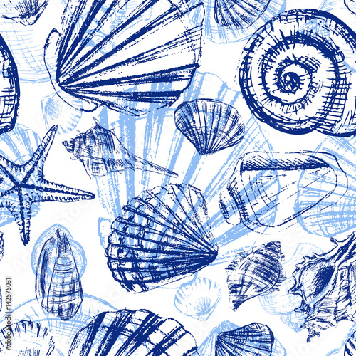 Seashells hand drawn vector graphic etching sketch isolated on white background, seamless pattern, underwater artistic marine blue texture, design for greeting card, decorative textile, wallpaper