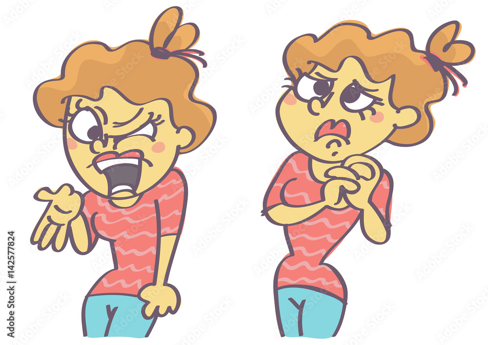 Cute, funny set of girl emoticons showing yelling and begging pose with face expression