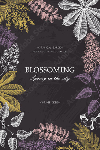 Floral card design on chalkboard. Vector frame with hand drawn blossoming trees.  Wedding invitation template. Vintage spring illustration.