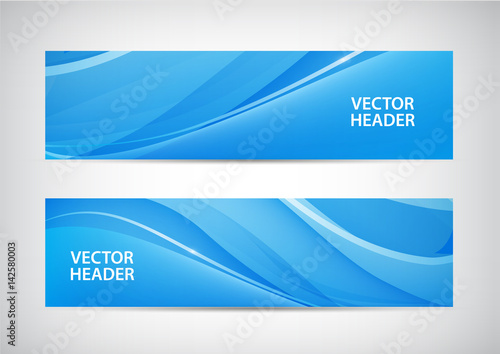 Vector set of abstract blue wavy headers, water flow banners.