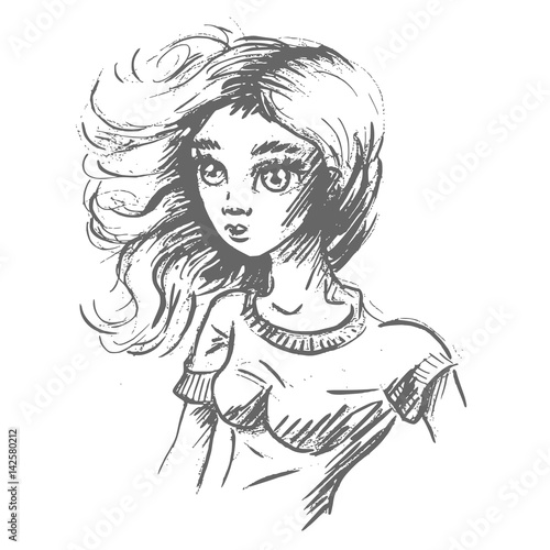 Portret tekening vrouw in de wind