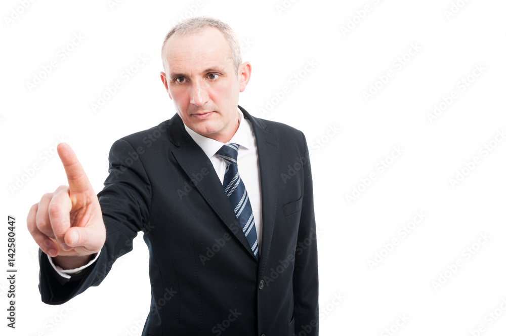 Portrait of middle age elegant man pushing button Portrait of middle age elegant man pushing button