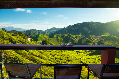 Viewpoint on the top of cameron highland, tea valley and sunrise in Malaysia