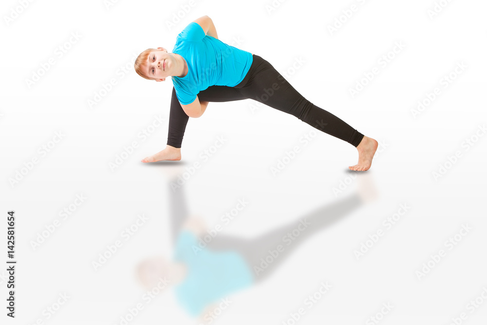 beautiful woman doing yoga on white background