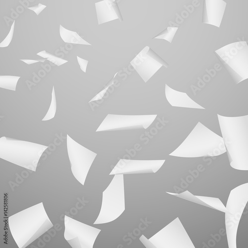 Abstract vector background with flying, falling, scattered office white paper sheets, documents