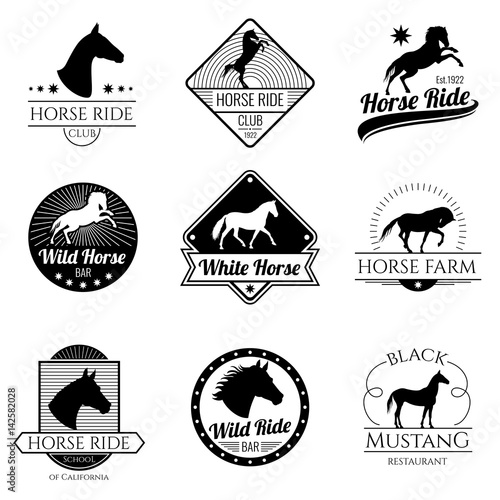 Racing horse, running mare vector vintage logos and labels set