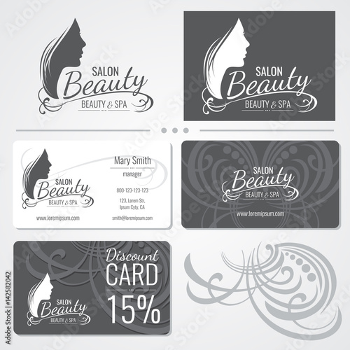 Beauty salon vector business card templates with beautiful woman face silhouette logo
