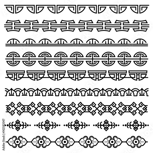 Chinese decoration, traditional antique korean pattern, vector asian seamless borders set