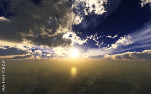 Beautiful sea sunset, clouds and sun above the water, oceanic sunrise, 3d rendering 