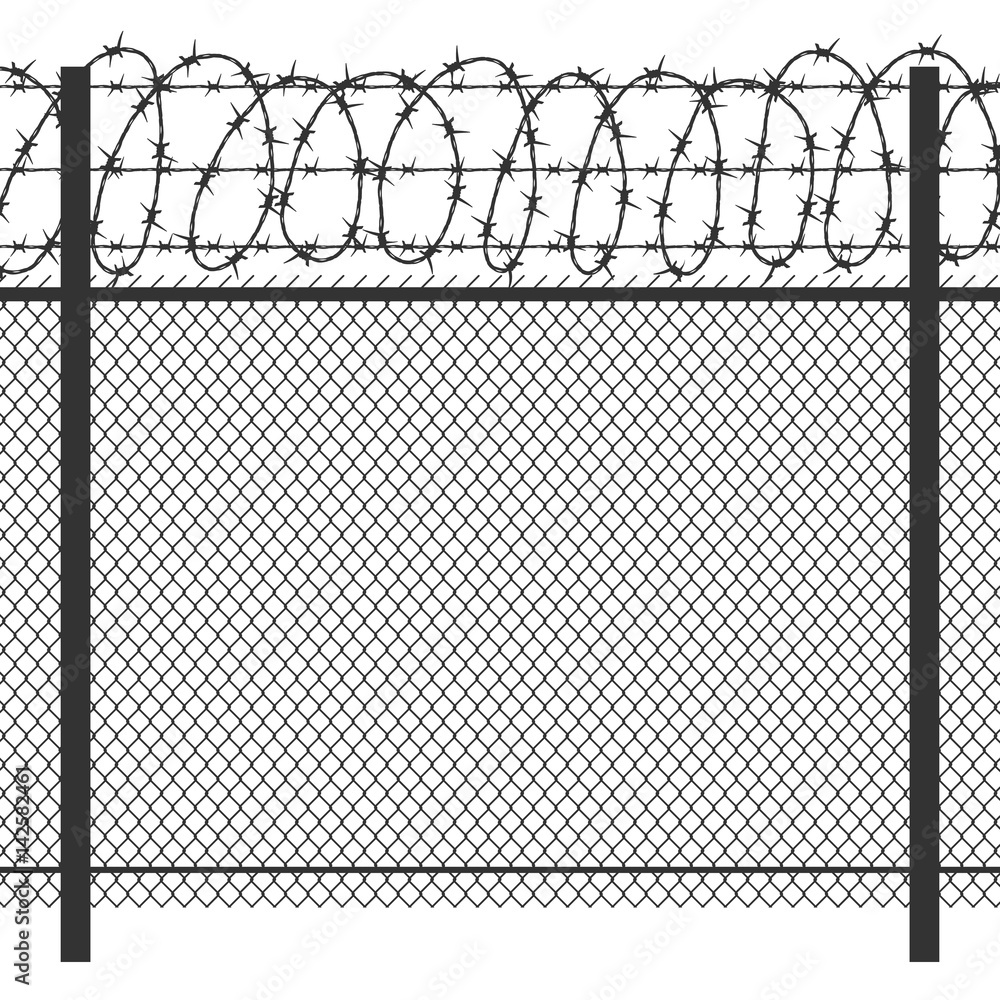 Prison privacy metal fence with barbed wire vector seamless black silhouette