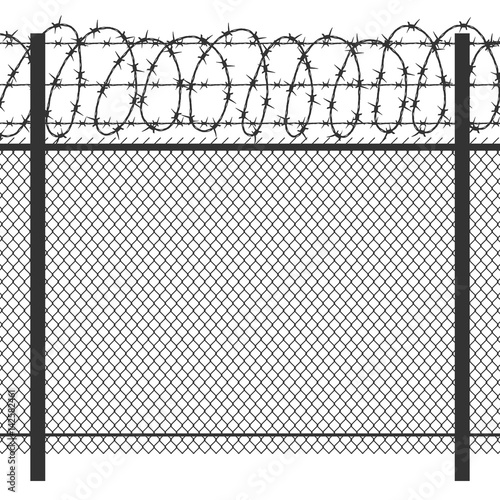 Prison privacy metal fence with barbed wire vector seamless black silhouette