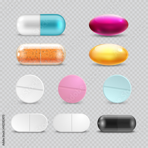 Medicine painkiller pills, pharmaceutical antibiotics drugs vector set