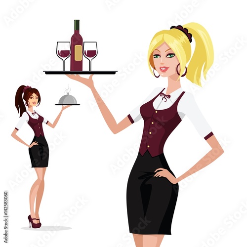 waitress carrying drinks and meal with tray