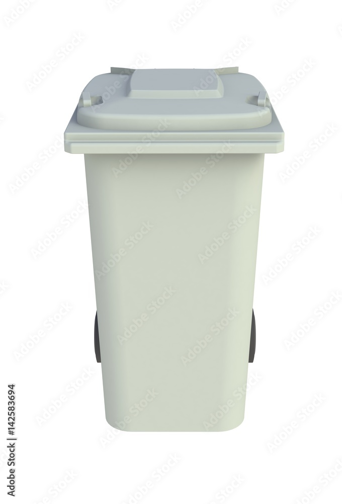 Front view of grey garbage wheelie bin with a closed lid on a white background, 3D rendering Front view of grey garbage wheelie bin with a closed lid on a white background, 3D rendering