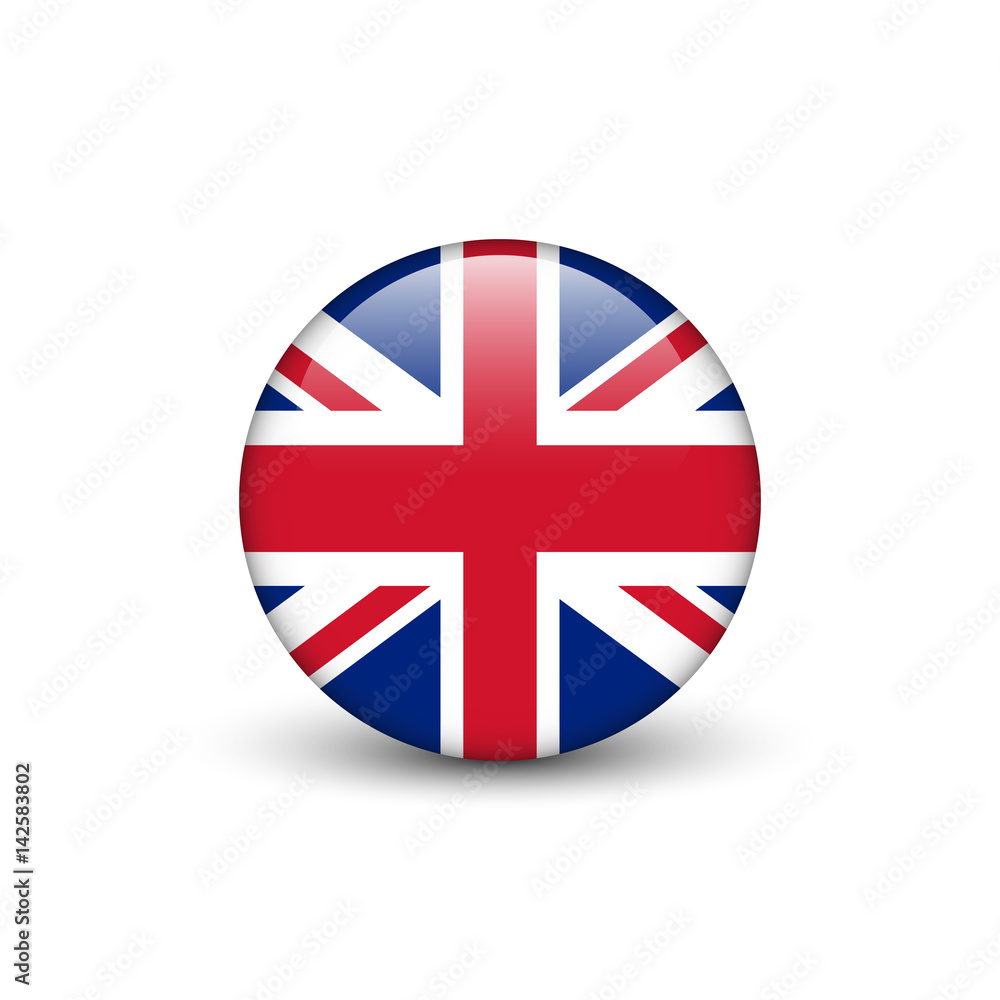 United Kingdom flag, Union Jack, glossy round button with shadow United Kingdom flag, Union Jack, glossy round button with shadow
