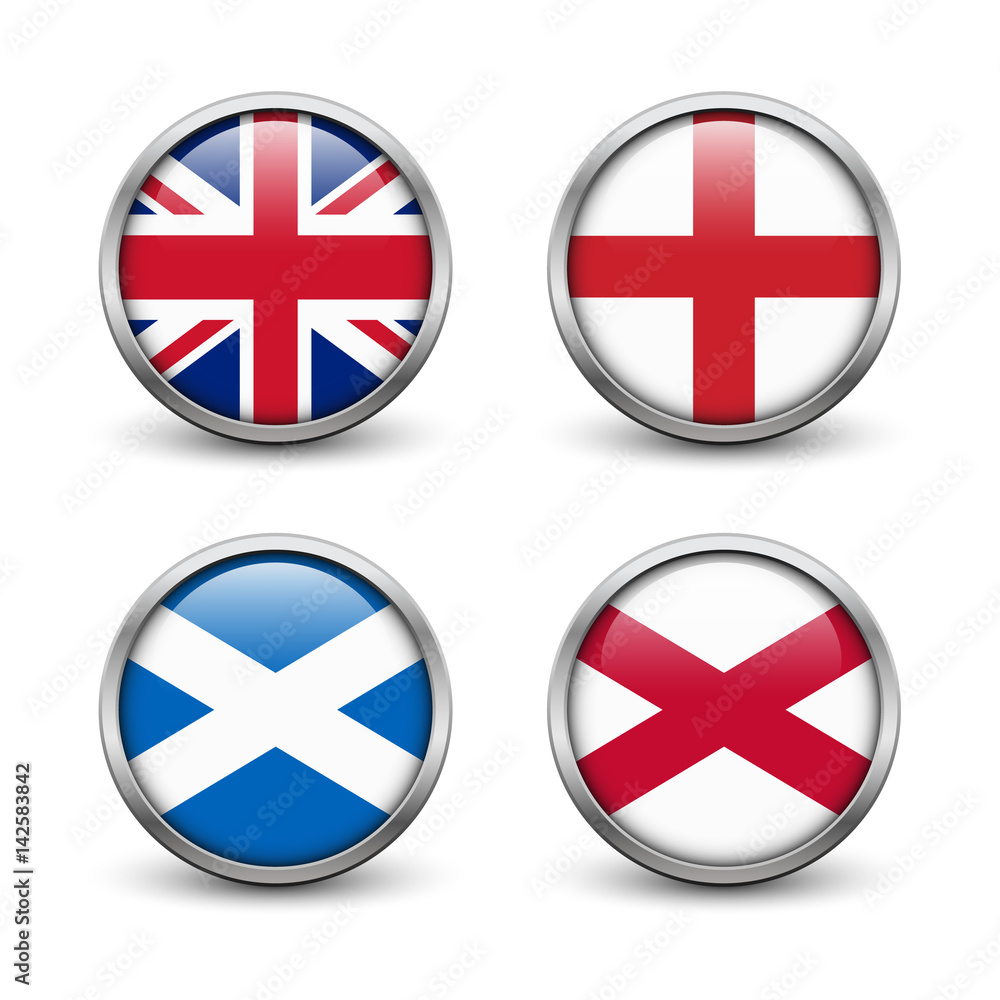 United Kingdom flag -England, Scotland, Ireland. Union Jack. Buttons with  metal frame and shadow Stock Vector | Adobe Stock