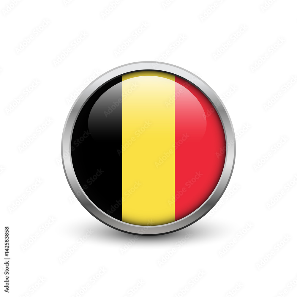 Fototapeta premium Flag of Belgium, button with metal frame and shadow