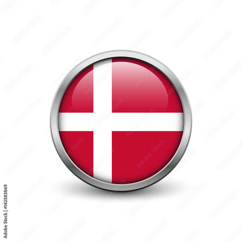 Flag of Danmark, button with metal frame and shadow Flag of Danmark, button with metal frame and shadow