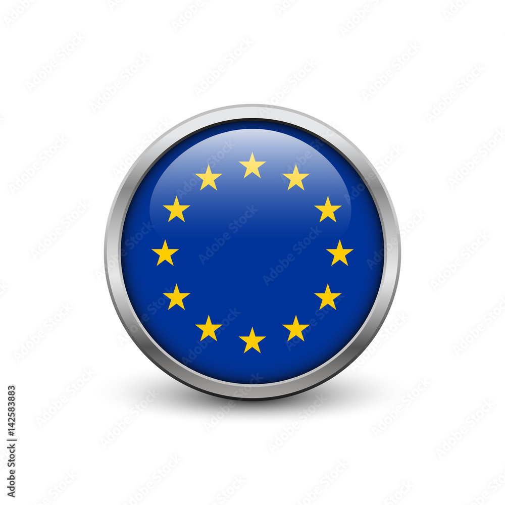 European union flag, button with metal frame and shadow European union flag, button with metal frame and shadow