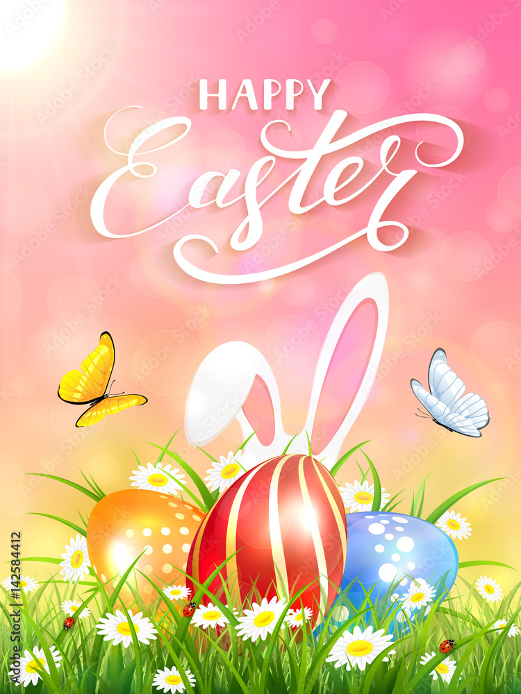 Pink background with rabbit and three Easter eggs in grass Pink background with rabbit and three Easter eggs in grass