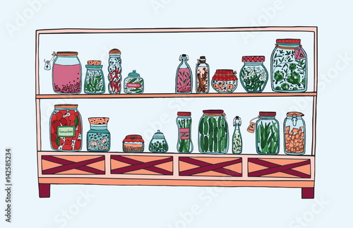 Rack with pickled jars with vegetables, fruits, herbs and berries on shelves, Autumn marinated food. Colorful Illustration.