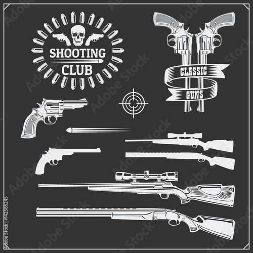 Collection of Guns. Revolvers, shotguns and rifles. Gun club labels and design elements.