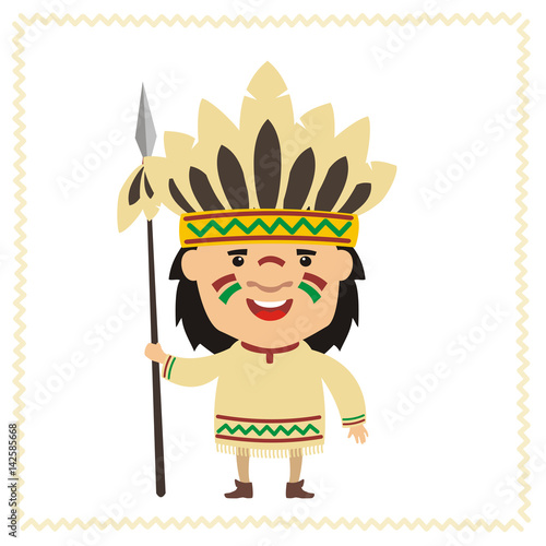 Funny american Indian in headdress of feathers with spear. Isolated indian in cartoon style.