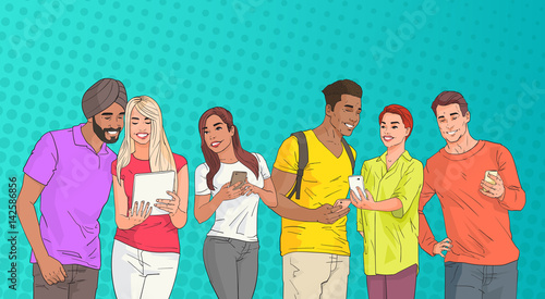 Mix Race People Group Using Cell Smart Phone Chatting Online Over Pop Art Colorful Retro Style Background Vector Illustration
