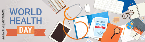 Medical Doctor Workplace Top View World Health Day Concept Flat Vector Illustration