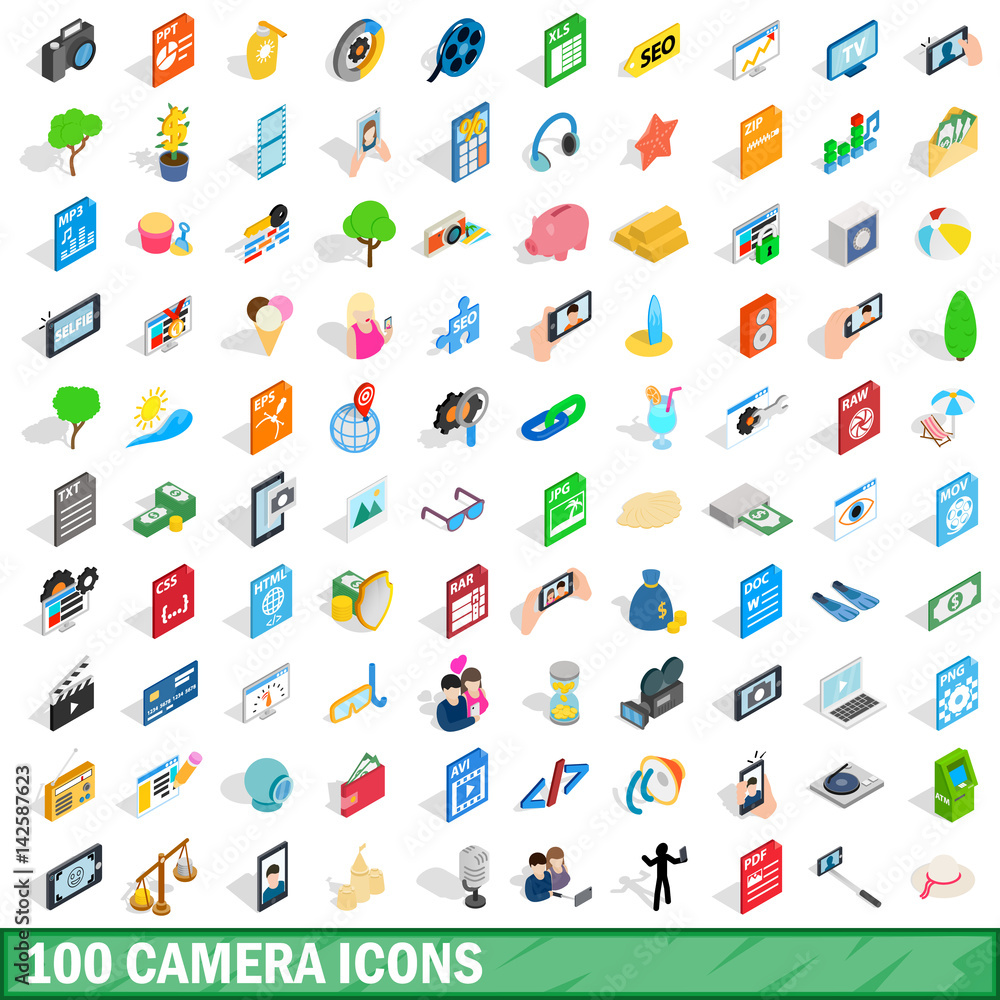 100 camera icons set, isometric 3d style 100 camera icons set, isometric 3d style