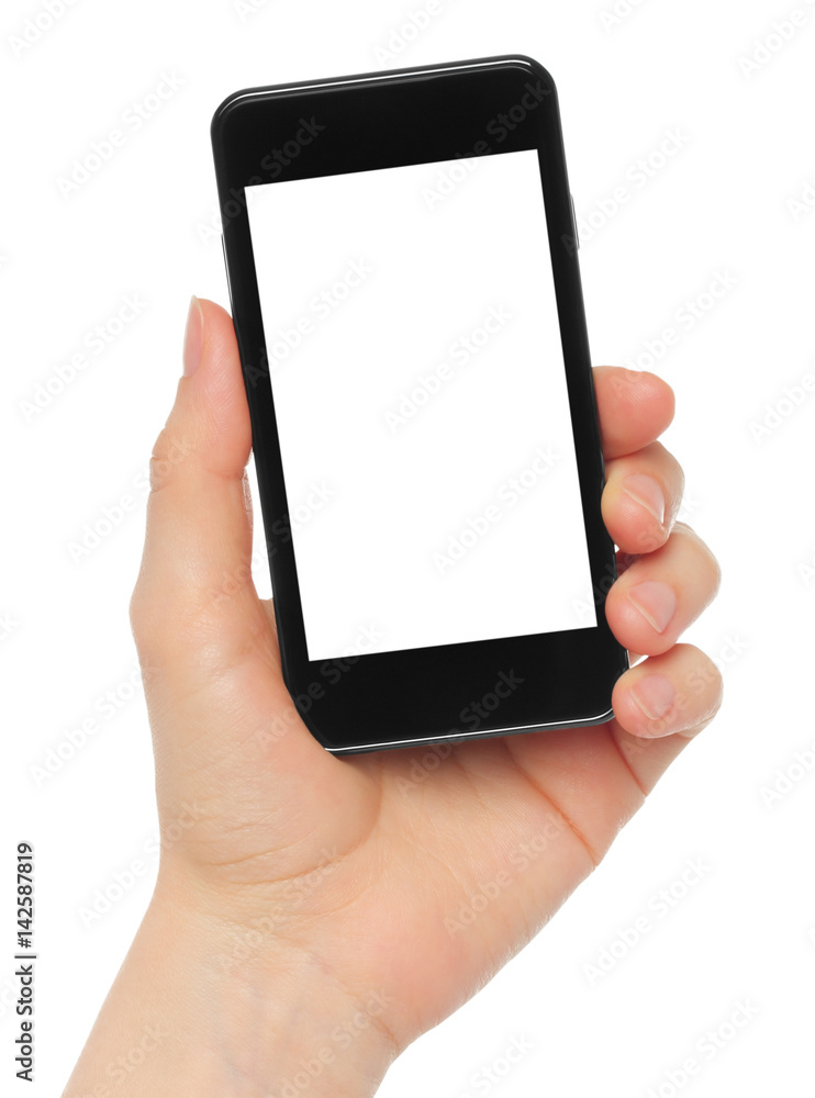 Hand holding smart phone on white background Hand holding smart phone on white background