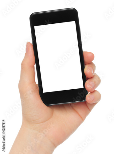 Hand holding smart phone on white background
