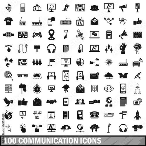 100 communication icons set, simple style 