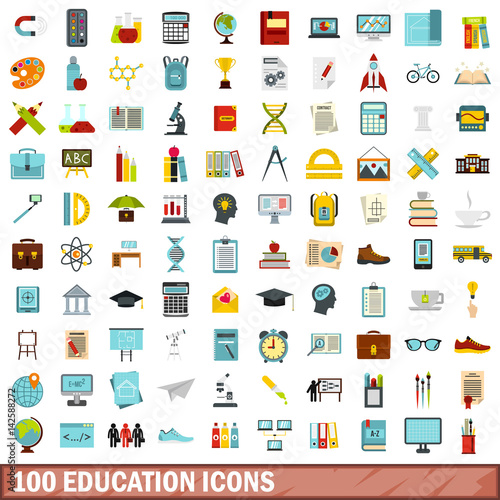 100 education icons set, flat style
