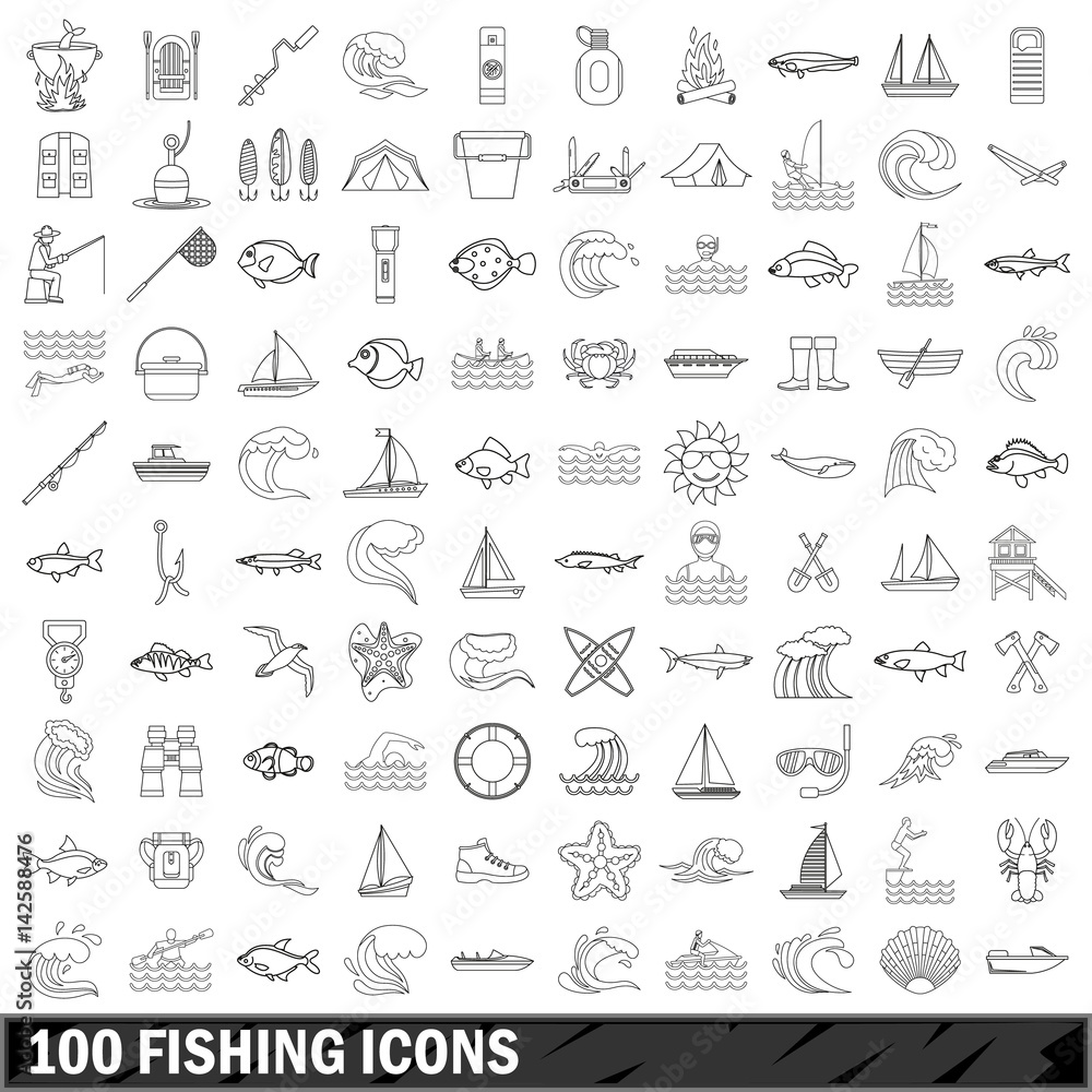 100 fishing icons set, outline style 100 fishing icons set, outline style