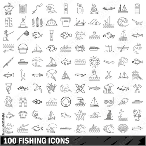100 fishing icons set, outline style