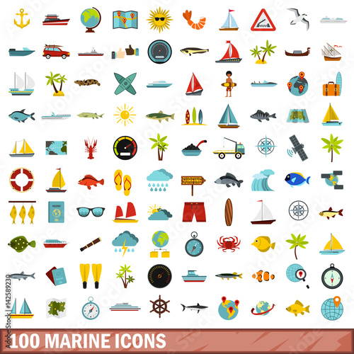 100 marine icons set, flat style