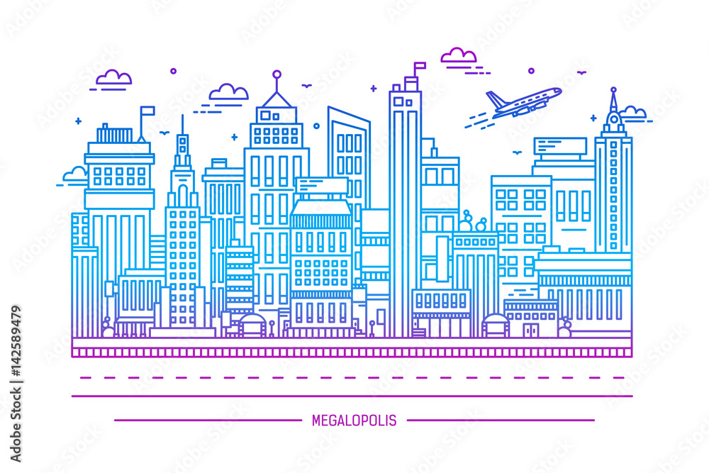 megalopolis, big city life, contour line art illustration
