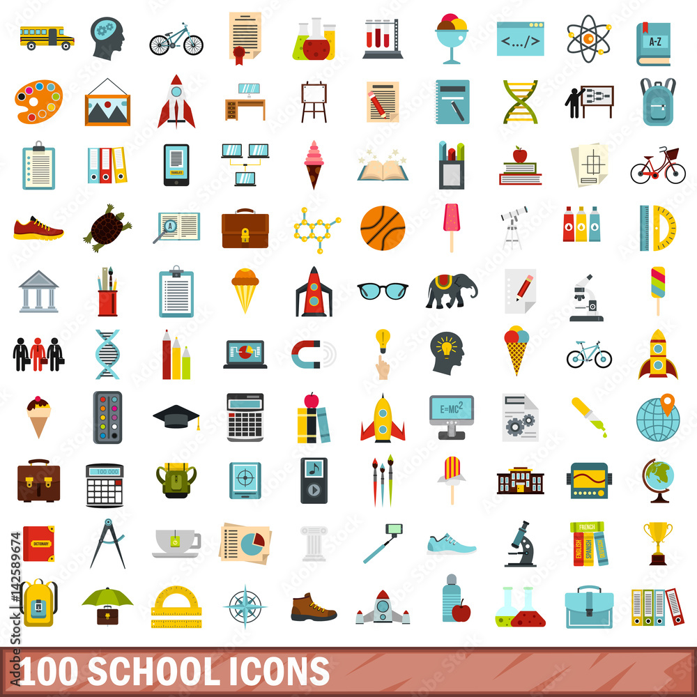 Fototapeta premium 100 school icons set, flat style