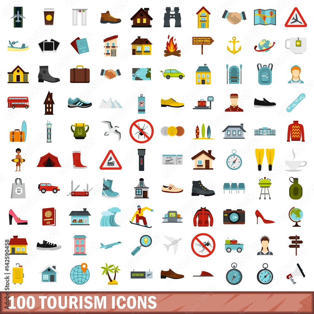 100 tourism icons set, flat style 100 tourism icons set, flat style