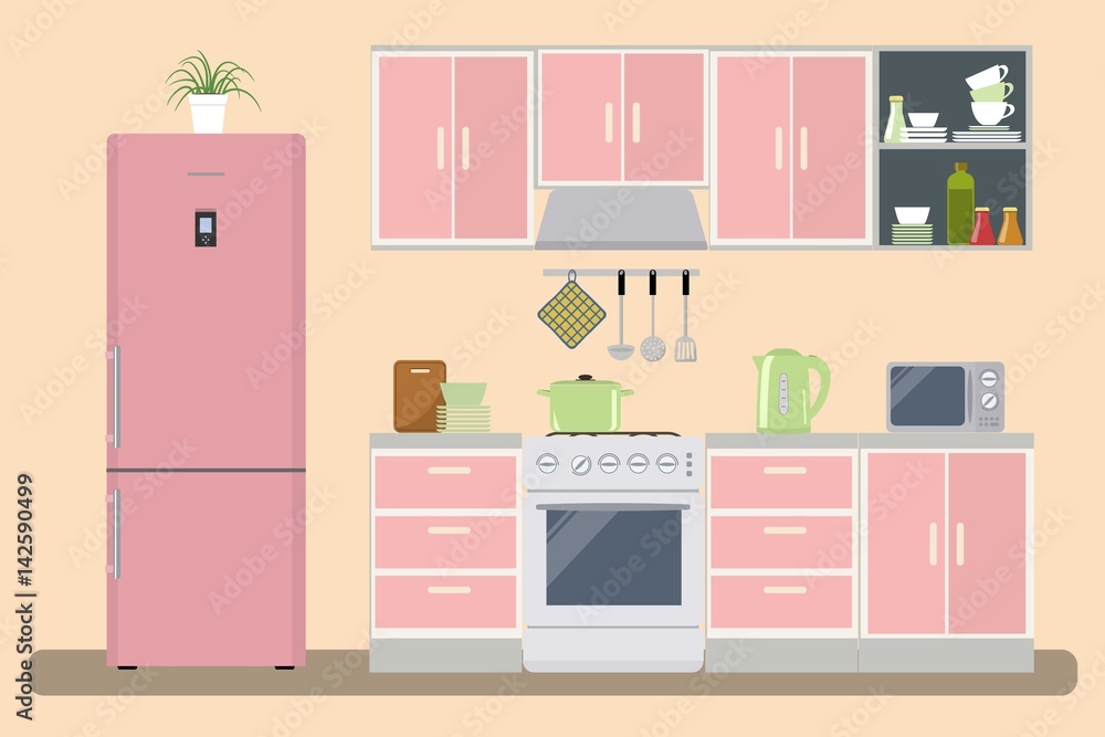 Kitchen in a pink color. There is a kitchen furniture, a refrigerator, a microwave, a kettle and other objects in the picture. Raster Kitchen in a pink color. There is a kitchen furniture, a refrigerator, a microwave, a kettle and other objects in the picture. Raster