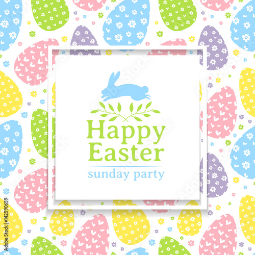 Banner design template on wallparer eggs  for spring Easter. The square frame on pastel background. Invitation with logo for happy easter holiday with rabbit silhouette. Sunday party poster. Vector