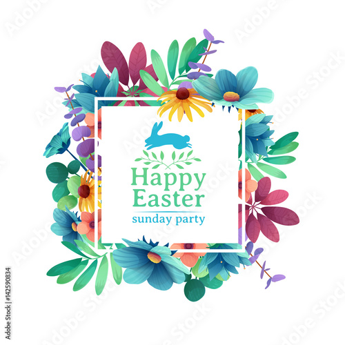 Banner design template with floral decoration for spring Easter. The square frame with the decor of flowers, leaves, twigs. Invitation for easter holiday with logo and rabbit, flower element. Vector.