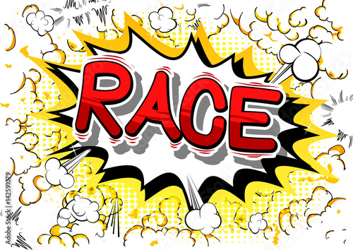 Race - Comic book style word on abstract background.